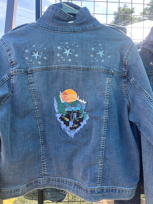 Seven-7 Denim Jacket with Embroidered Sunset Waterfall