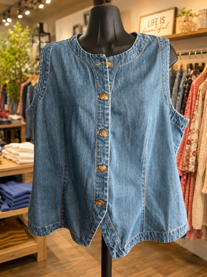 Time and True Denim Vest - Green Butterfly