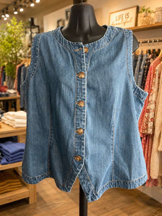 Time and True Denim Vest - Green Butterfly