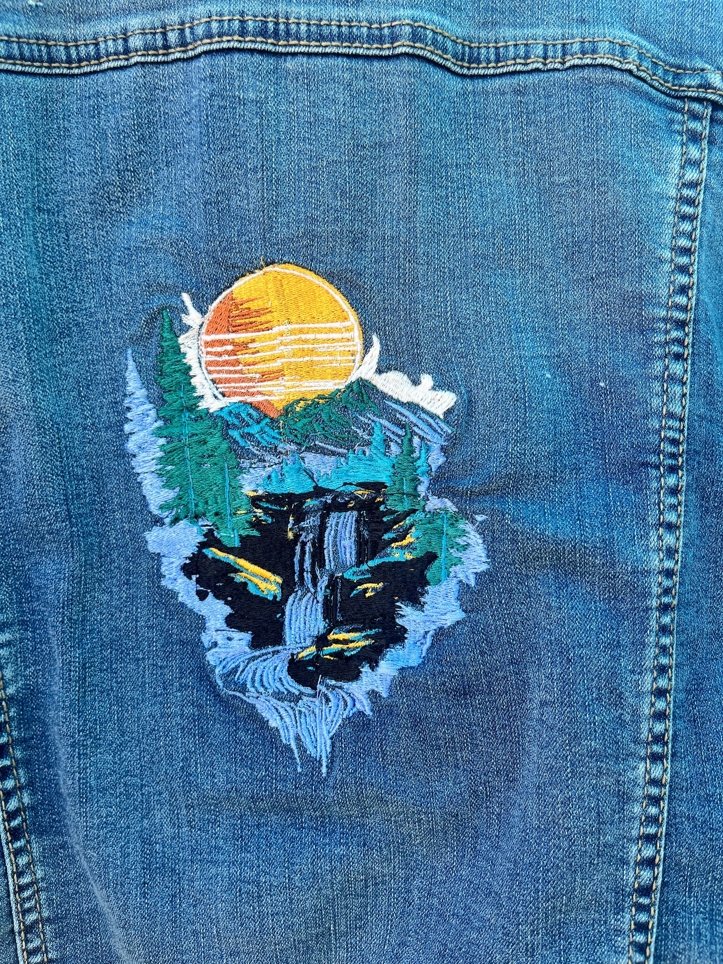 Seven-7 Denim Jacket with Embroidered Sunset Waterfall