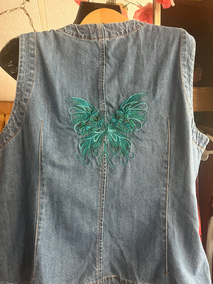 Time and True Denim Vest - Green Butterfly